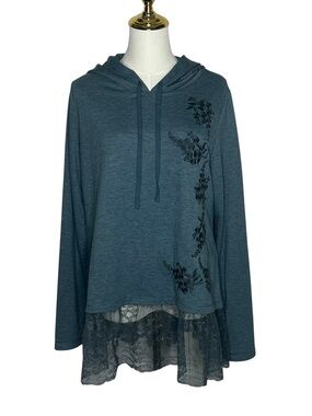 LOGO Lounge Boho Whimsigoth Lace-Hem Floral Embroidered Smoke Blue Hoodie Sz M